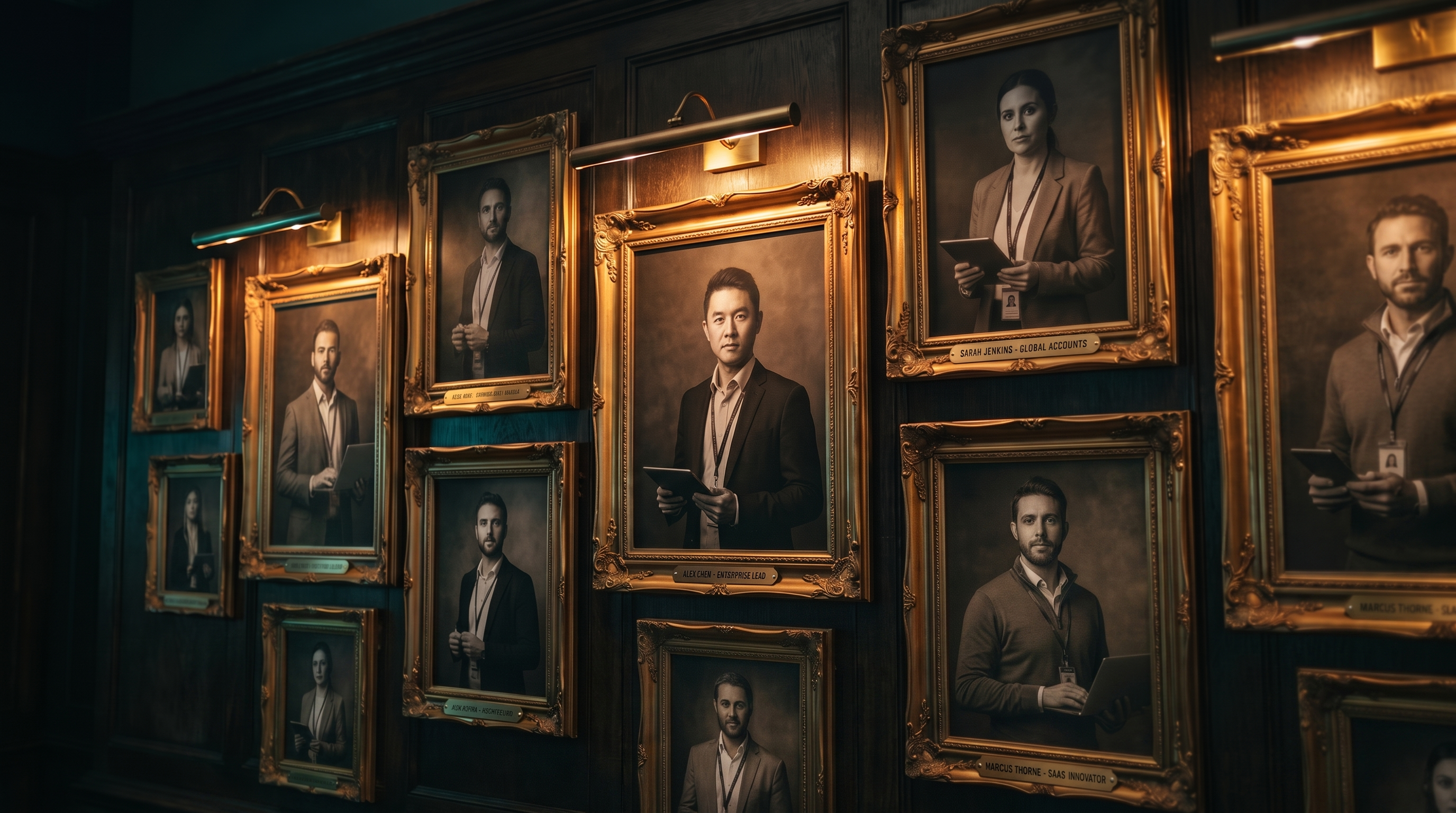 Gallery wall of fictional tech-sales ancestors in gilded frames