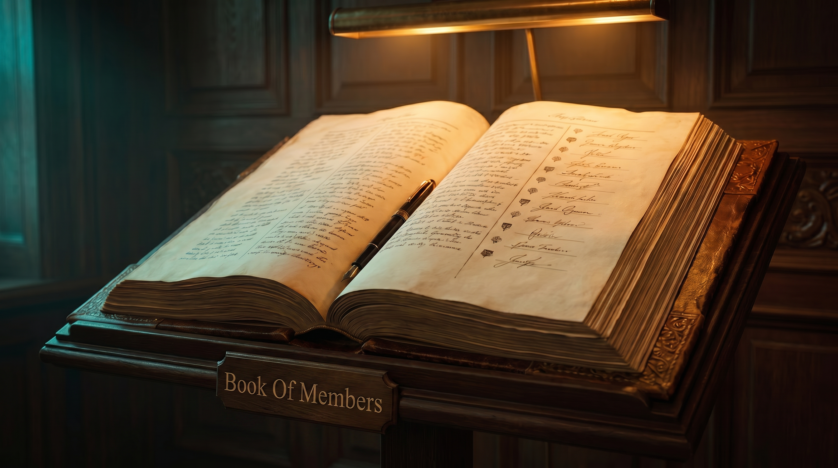 The Book of Members - antique leather ledger on a lectern