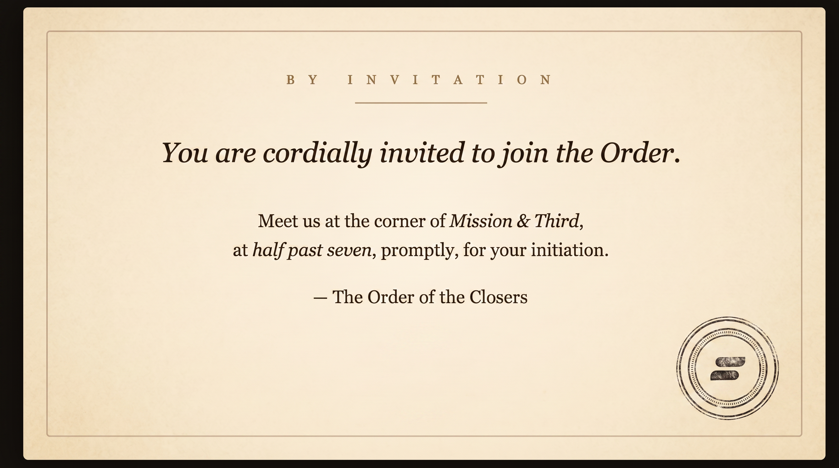 The Order invitation card - 'You are cordially invited to join the Order'
