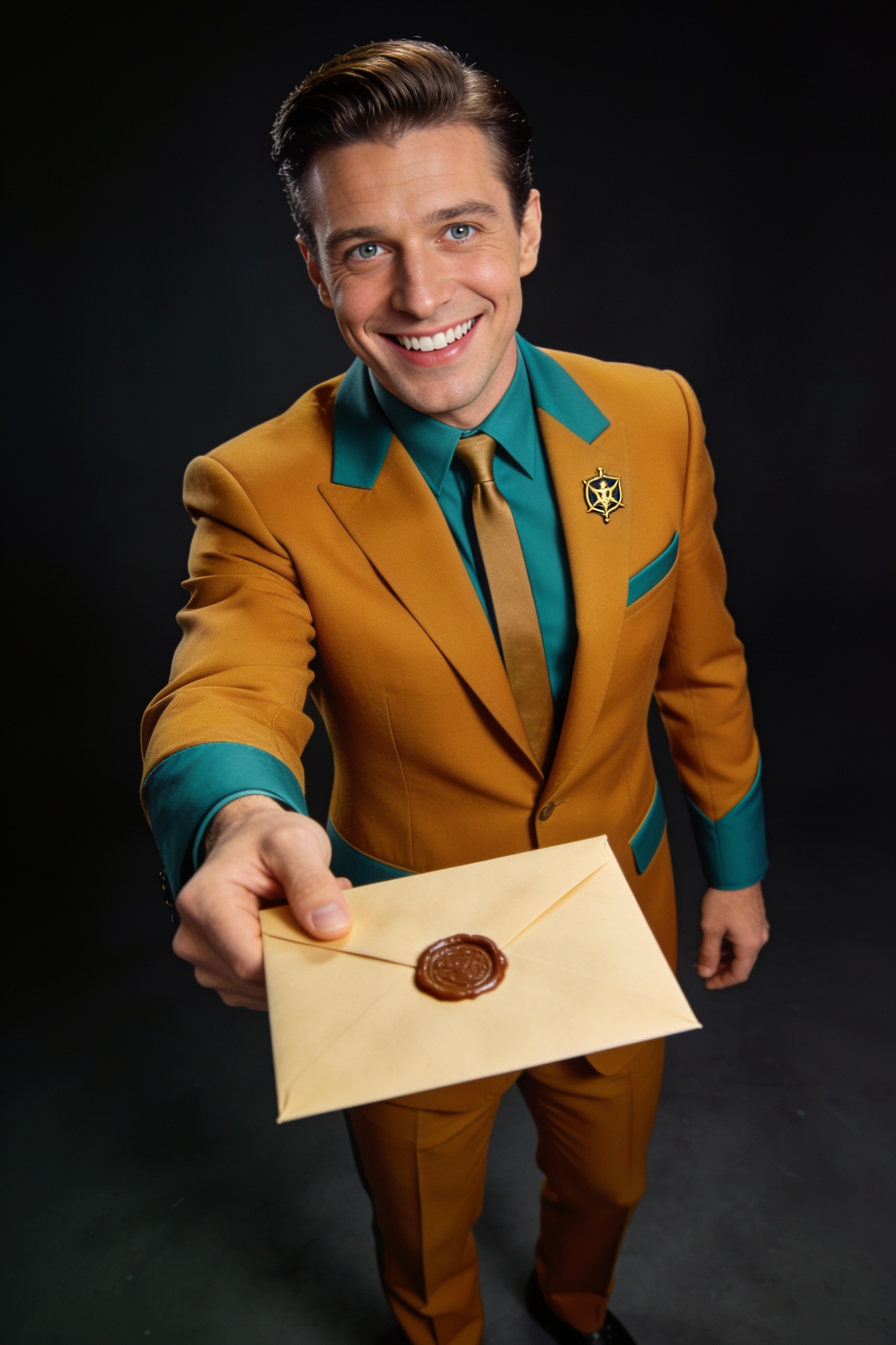 The Spokesman - the Recruitment Officer, mustard suit, holding a wax-sealed envelope